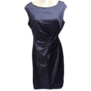 Lauren Ralph Lauren Cocktail Evening Dress Satin Feel Navy Sheath Womens Size 14